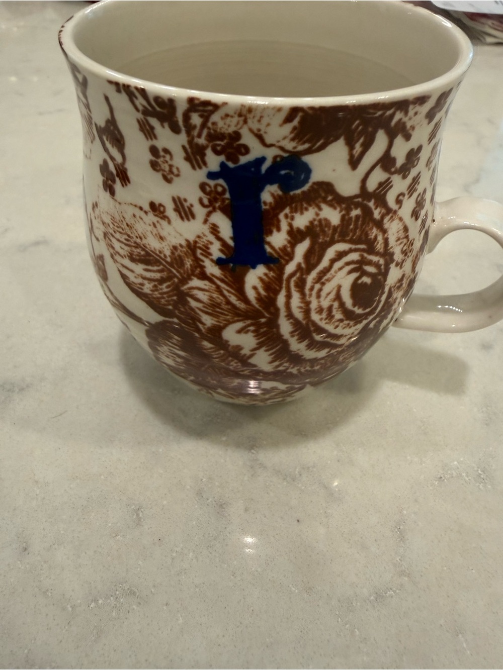 Anthropologie  Floral Monogram  R Ceramic Mug in Brown and Blue